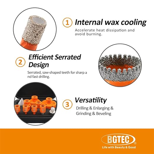 Diamond Core Drill Bit Kit BGTEC Diamond Hole Saw Tile Cutter,5/8"-11 Thread 6pcs 6/8/10/35/50/65mm Drill Bits+10mm Finger Bit+ 2" Chamfer Bit Milling Finger Bit+Hex