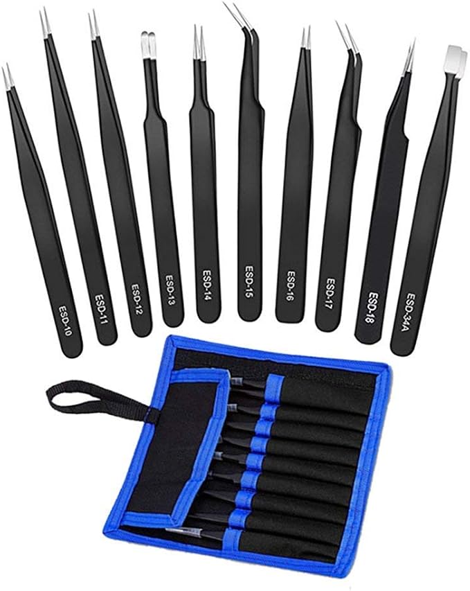 Tweezers Precision Set, Easily Life 10pcs ESD Tweezers Set, Anti Static by Alitamei