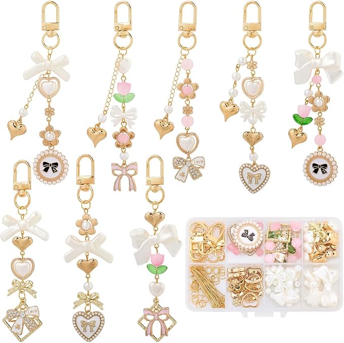 SUNNYCLUE 1 Box 156Pcs DIY 8 Sets Keychain Making Kit Bows Key Chain Charm Bead by SUNNYCLUE