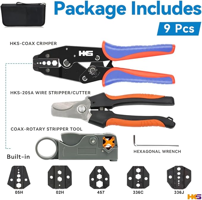 HKS Coax Ratchet Crimping Tool Kit for Coaxial RG Cable RF Connector with 5 Changeable Dies, Rotary Coaxial Cable Stripper/Cutter and Stripper/Cutter Piler
