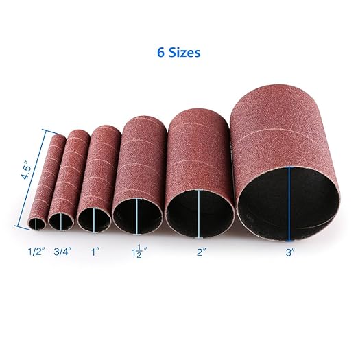 LotFancy 24PCS Spindle Sanding Sleeves, 80 Grit, Aluminum Oxide Abrasive, 4-1/2” Length (4 Each of 1/2”,3/4”,1”,1-1/2”, 2” and 3”