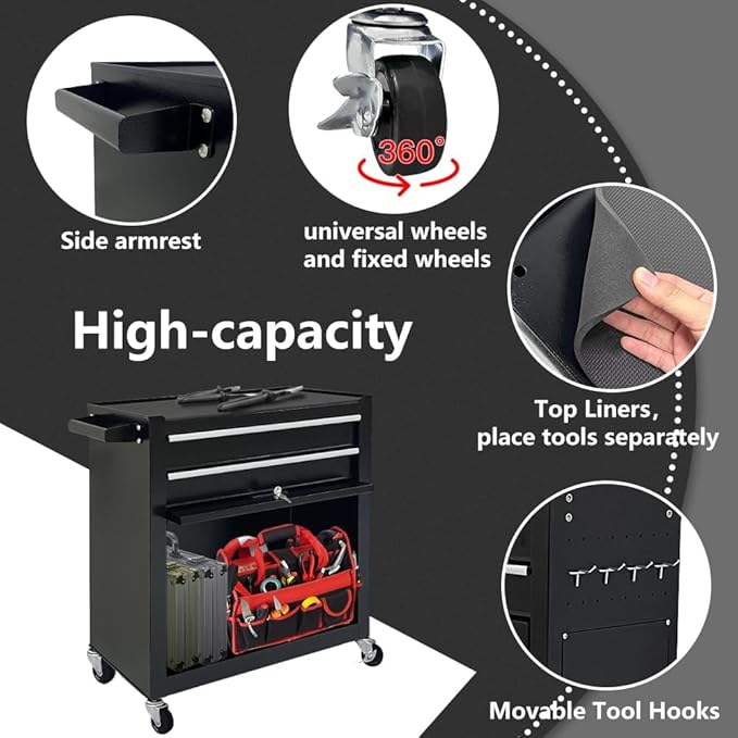 8-Drawer Rolling Tool Chest with Wheels - High Capacity Tool Cabinet with Detachable Top Toolbox for Garage and Workshop Organization - Metal Tool Cart with Liner & 6 Hooks, Black