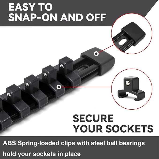 ALOANES 9 PC ABS Socket Organizer, 1/2 inch, 3/8 inch and 1/4 inch Drive Socket Rail Holders, Heavy Duty Socket Racks, Black Rails with Black Clips
