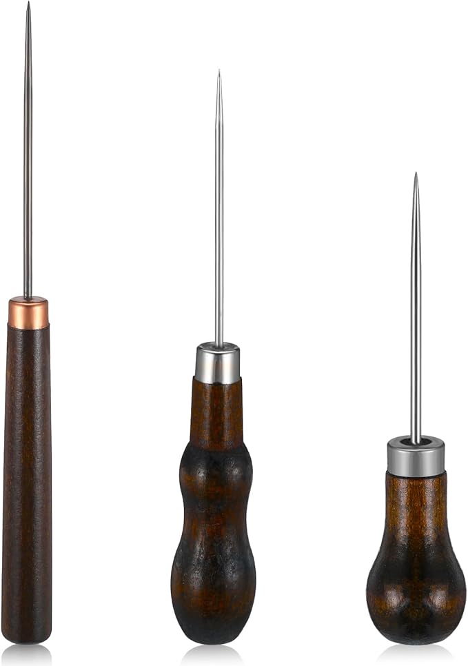 Ptwola 3 Pcs Scratch Awl Tool Gourd Shape Handle Leather Awl Punch Tool Wooden Punch Hole Craft Maker Tool Repair Shoes Sewing Stitching Supplies for Tailors Crochet DIY Cloth Stitch Bookbinding
