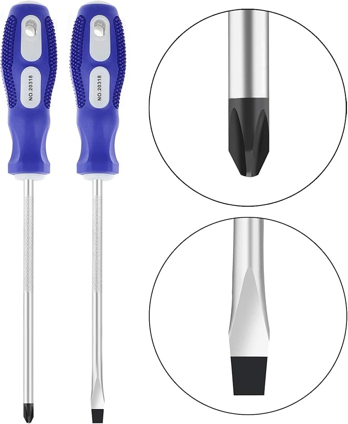 Slotted and Phillips Screwdriver PH2 6" long Cross-head & Flat Blade, 2 Packs Magnetic Screwdriver with Rubber Handle, With Magnetizer/Demagnetizer Tool