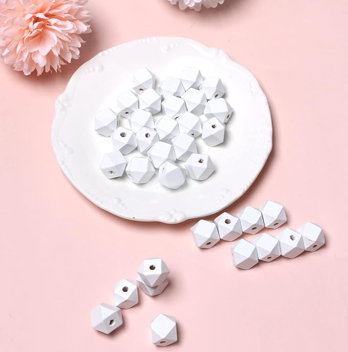 50pcs 15mm White Geometric Wooden Beads, Hole 3mm, Spacer Beading Supplies - Image 3