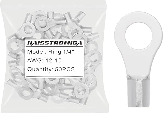 haisstronica 50pcs 1/4" Ring Terminals,AWG 12-10 Brazed Seam Non-Insulated Copper Wire Connectors