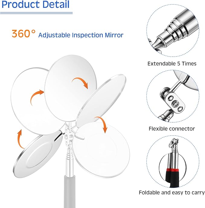 Patelai 4 Pcs Telescoping mechanic Magnet Tool Inspection Mirror Set with 2 lb 20 lb Magnetic Pickup Tool 8lb LED Light Telescoping Magnet Stick Gadget 360 Swivel for Father Day Men Gift Birthday