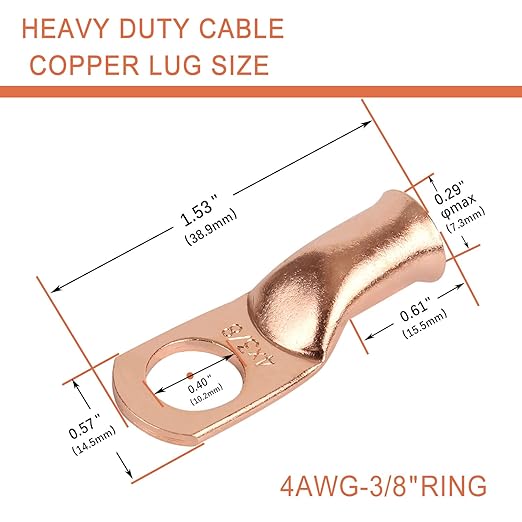 10pcs 4 AWG-3/8”(M10) Ring Terminals 4 Gauge Copper Wire Lugs Battery Cable Ends Heavy Duty Battery Cable Terminal Connectors