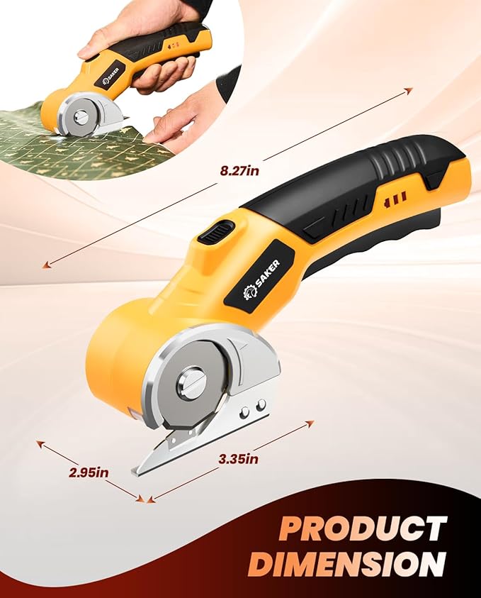 Saker Cordless Electric Scissors,Cardboard Box Cutter,4V Rechargeable Rotary Cutter with Safety Lock & LED Light,Cardboard Cutter for Cutting of Fabric, Leather, Carpet, Plastic, and More
