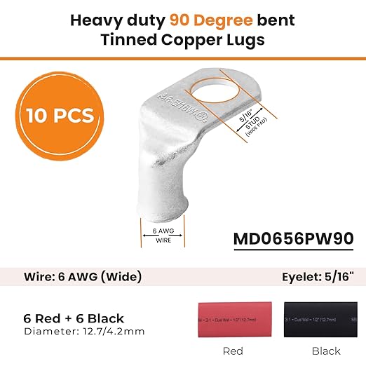 SELTERM 10pcs - 6 AWG 5/16" (Wide Pad) Stud- 90° Bent Battery Lugs- Ring Terminal Connectors with 12pcs 3:1 Black & Red 1/2" Heat Shrink Tubing- Heavy Duty Cable Ends- Tinned Copper Wire Connector Kit
