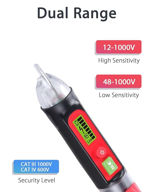 Wintact Non-Contact AC Voltage Detector Pen, 12V-1000V/48V-1000V Dual Range, High/Low Adjustable Sensitive, Live/Null Wire Breakpoint Tester with Flashlight, LCD Flashing Audible Buzzer Alarm
