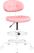 Misolant Drafting Chair, Armless Tall Office Chair with Footrest Ring for Standing Desk, Small Faux Leather Executive Computer Chair with Adjustable Height for Bar Lab Counter Height Desk, Pink