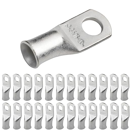 SELTERM 25pcs 2 AWG 5/16" Stud Marine Grade Tinned Copper Battery Cable Lugs, 2 Gauge Ring Terminals, UL Wire Lugs Electrical Battery Cable Ends, Tinned Copper Lugs Battery Terminal Connectors
