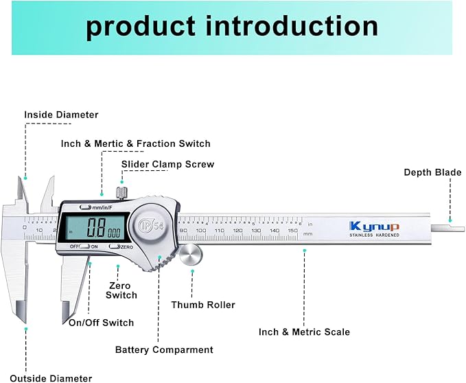Kynup Digital Caliper, Measuring Tool, Digital Micrometer Caliper with Stainless Steel, IP54 Splash Proof Protection Design, Inch Metric Fraction Conversion, Large LCD Screen (6Inch/150mm)