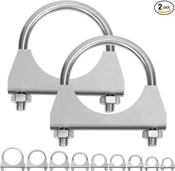 Swpeet 2Pcs 2.1 Inches Exhaust U Clamp Kit, 2-1/10 Inches Stainless Steel Muffler U-Bolt Clamps, Universal Heavy Duty U-Bolt Muffler Clamp Ideal for Tip Pipes Connection