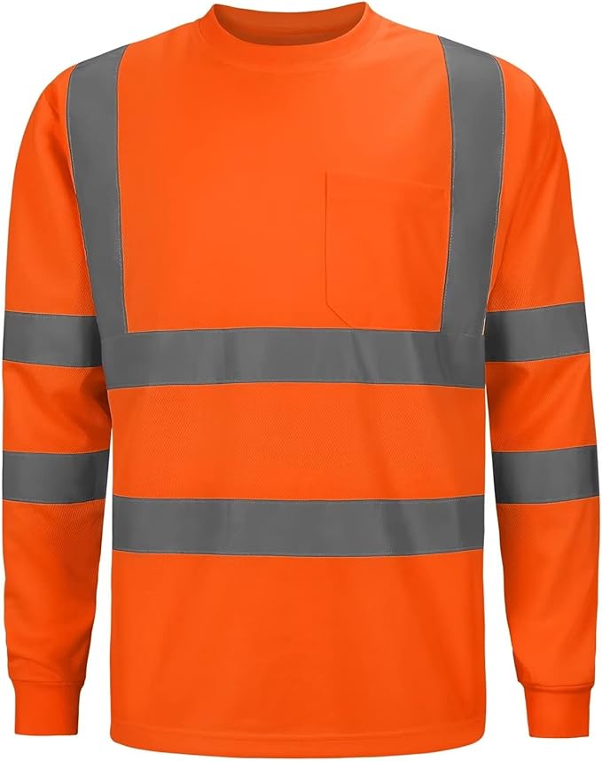 High Visibility Class 3 T Shirts，Hi Vis Safety Shirts with Reflective Strips and Pocket, Long Sleeve Quick Dry Mesh Construction Work Shirt for Men/Women Orange,XL
