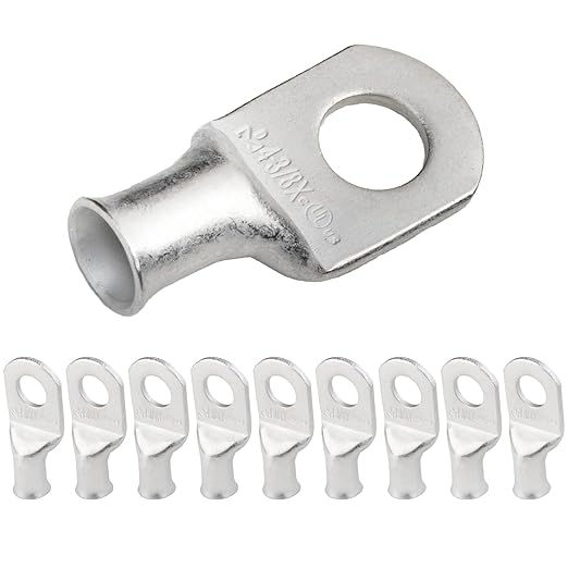 SELTERM 10pcs 4 AWG-3/8 Stud (X - Wide Pad) Tinned Copper Wire Lugs, Heavy Duty Battery Cable Ends,4 Guage Ring Terminals, UL Battery Lugs Marine Grade Copper Eyelets Battery Terminal Connectors
