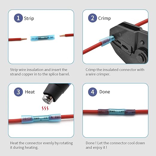 16-14 AWG Heat Shrink Butt Connectors - 500Pcs Blue Insulated Waterproof Electrical Marine Automotive Wire Splice Connector Crimp Wiring Terminals