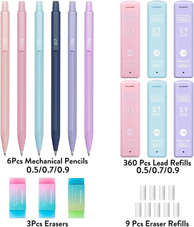 Four Candies Cute Pastel Mechanical Pencil Set, 3 Sizes Included | 0.5/0.7/0.9mm - Image 6