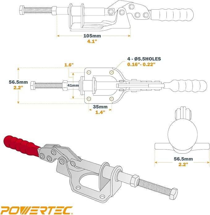 POWERTEC 1PK Toggle Clamp, 300lbs Holding Capacity, 302F Quick Release Push/Pull Clamp for Woodworking Jigs and Fixtures, Pocket Hole Jigs, Welding, CNC (20304)