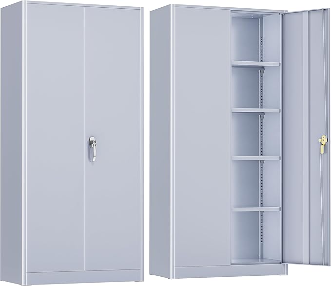 SUNCROWN 72" Metal Storage Cabinet - Heavy-Duty Metal Garage Cabinet with 4 Adjustable Shelves & 2 Doors for Tools, Office, Home, Workshop,Cement Grey-Small