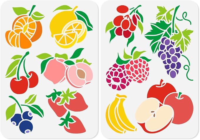 2pcs 11.69"x8.27" Fruit Wall Stencil Templates, Lemon Grape DIY Home Decor by Doodlream