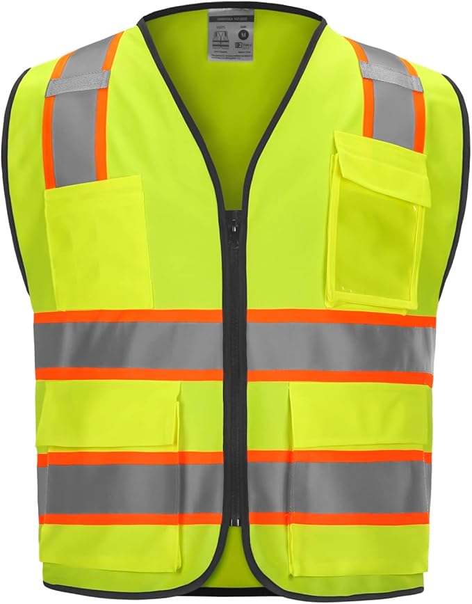 9 Pockets High visibility Class 2 Safety Vest，Hi Vis Vest with 2 inch wide Reflective Strips security vest with Zipper construction work vest for men &women Lime,3XL