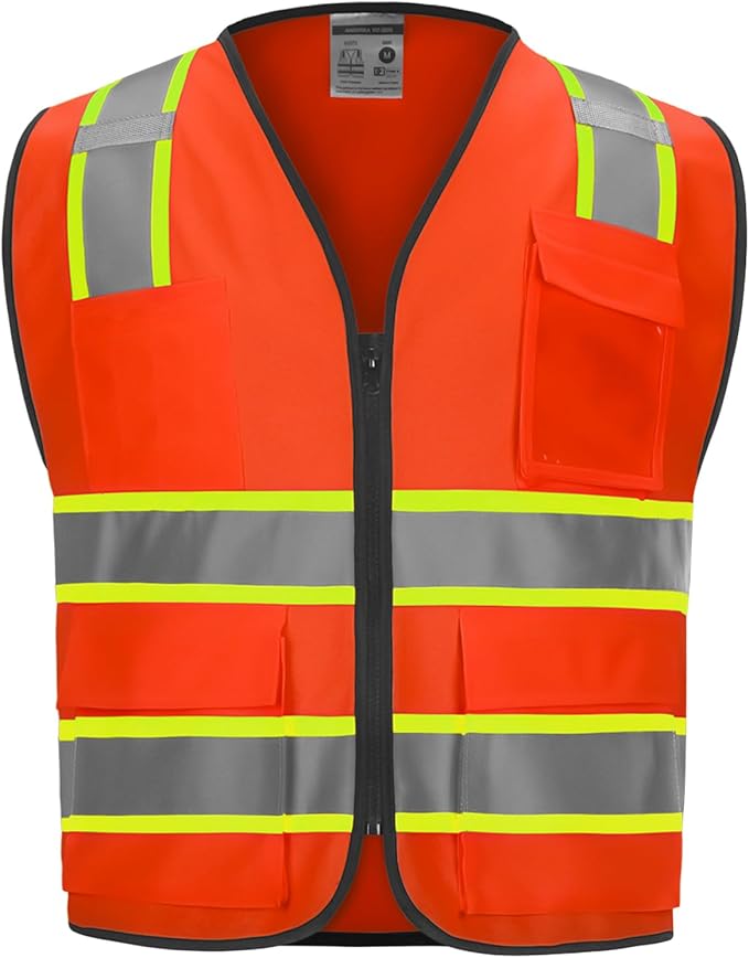 9 Pockets High visibility Class 2 Safety Vest，Hi Vis Vest with 2 inch wide Reflective Strips security vest with Zipper construction work vest for men &women Orange，Large