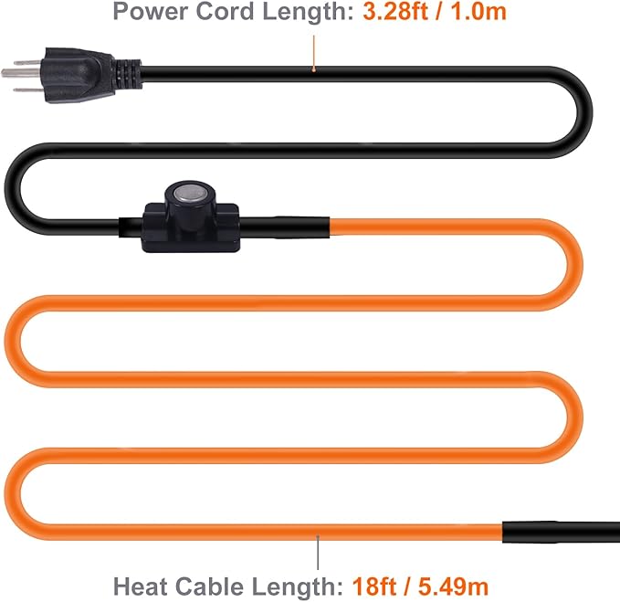 18FT Heat Tape for Water Pipes Freeze Protection IP65 Waterproof 7W/FT 110V BDDFOTO Water Pipe Heat Cable With Thermostat Self-Regulating Pipe Heater for House Garden/RV Camper