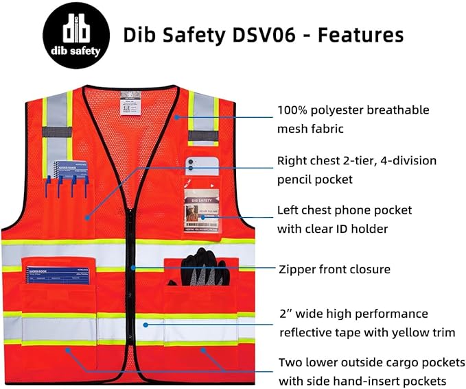 Dib Safety Reflective Mesh Vest High Visibility Two Tone with Pockets and Zipper, Red Mesh with Yellow Trim 3XL