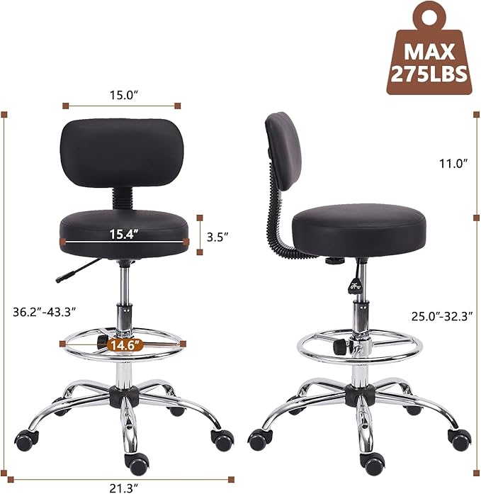 Drafting Chair with Backrest, Adjustable Foot Rest Height Rolling Stool with Wheels, Leather Swivel Work Shop Office Stools Chairs, Thick Seat Cushion Tall Kitchen Home Bar Stool - Black