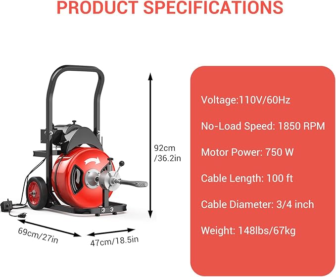 Drain Cleaning Machine 100Ft 3/4 Inch Cable, 750W Auto Feed Portable Electric Sewer Snake, Electric Drain Auger with 6 Cutter Air-Activated Foot Switch for 4" to 8" Pipes