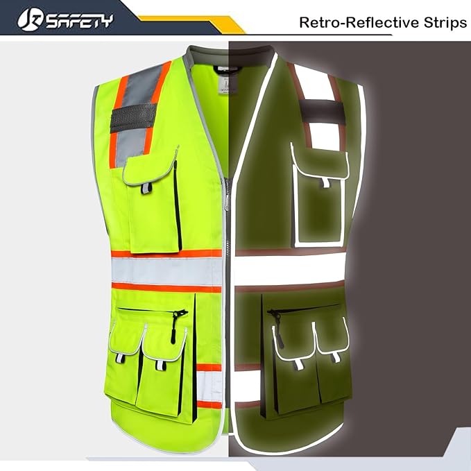 JKSafety 10 Pockets Class 2 Hi-Vis Zipper Front Yellow Safety Vest | Cushioned Collar | High Reflective Tapes with Extended Neon Orange Strips | Meets ANSI/ISEA Standards (5X-Large, 89-Yellow)