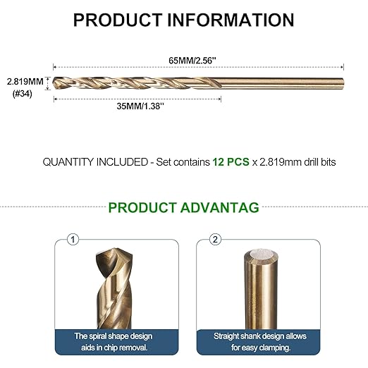 METALLIXITY Drill Bit (#34) 12Pcs, M2 High-Speed Steel Micro Number Bits Spiral Flute 135°Point Tip Gold Finish for Stainless Steel Iron Copper Aluminum Hard Metal