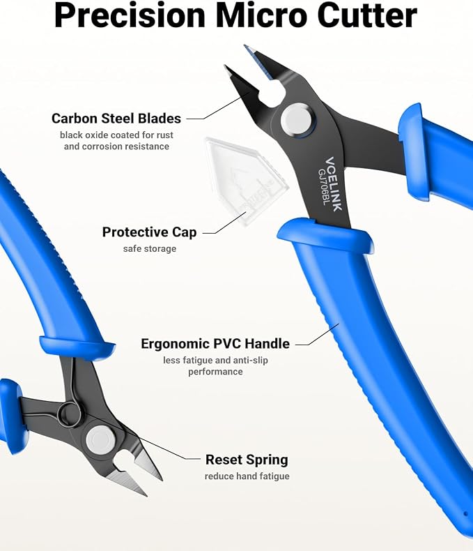 VCELINK Small Wire Cutter Spring-loaded GJ706BL, Precision Flush Cutter Pliers - Image 2