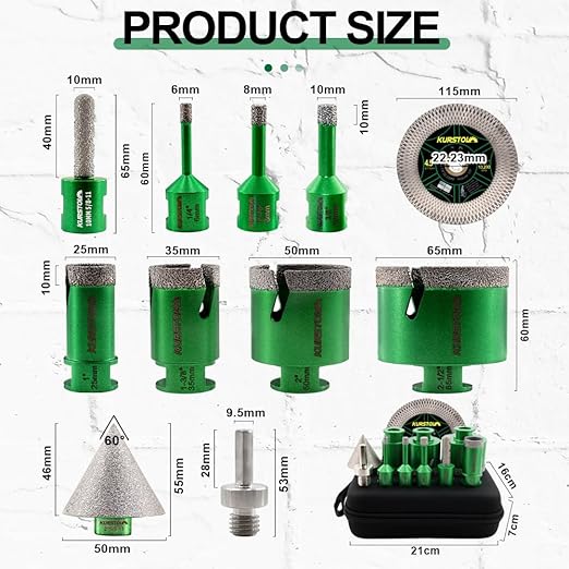 Diamond Core Drill Bits - 6/8/10/25/35/50/65mm+2" Beveling Chamfer Bit+1-3/8" Finger Milling Bit+Triangle Adapter to 5/8-11" Thread+4.5" Cutting disc for Porcelain Ceramic Tile Granite Marble