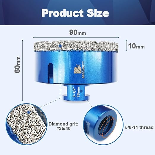 3-1/2 Inch Diamond Core Drill Bit for Porcelain Tile Ceramic Marble Granite Drilling,BRSCHNITT 2pcs Vacuum Brazed Diamond Hole Saw with 5/8-11 Thread (90mm 2pcs)