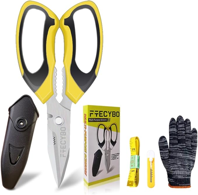 Scissors Heavy Duty 8'', Carpet Scissors, Multipurpose Scissors with Protective Cover, Stainless Steel Serrated Blades, Easy Cutting Cardboard, Leather, Fabric, Wires, Nutcracker, Yellow