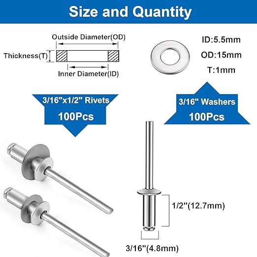 smseace 200Pcs 3/16"x1/2" Pop Rivets with Washer Assortment Kit 4.8x12.7mm Pop Rivets and 3/16" 304 Stainless Steel Backup Washers Aluminum Rivets kit for Metal/Furniture/Automotive/Instruments