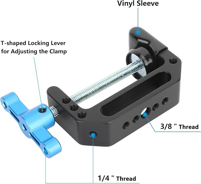 CAMVATE Aluminum C-Clamp(Jaw Open:65mm) with 1/4" & 3/8" Mounting Points(Blue T-handle)-3721