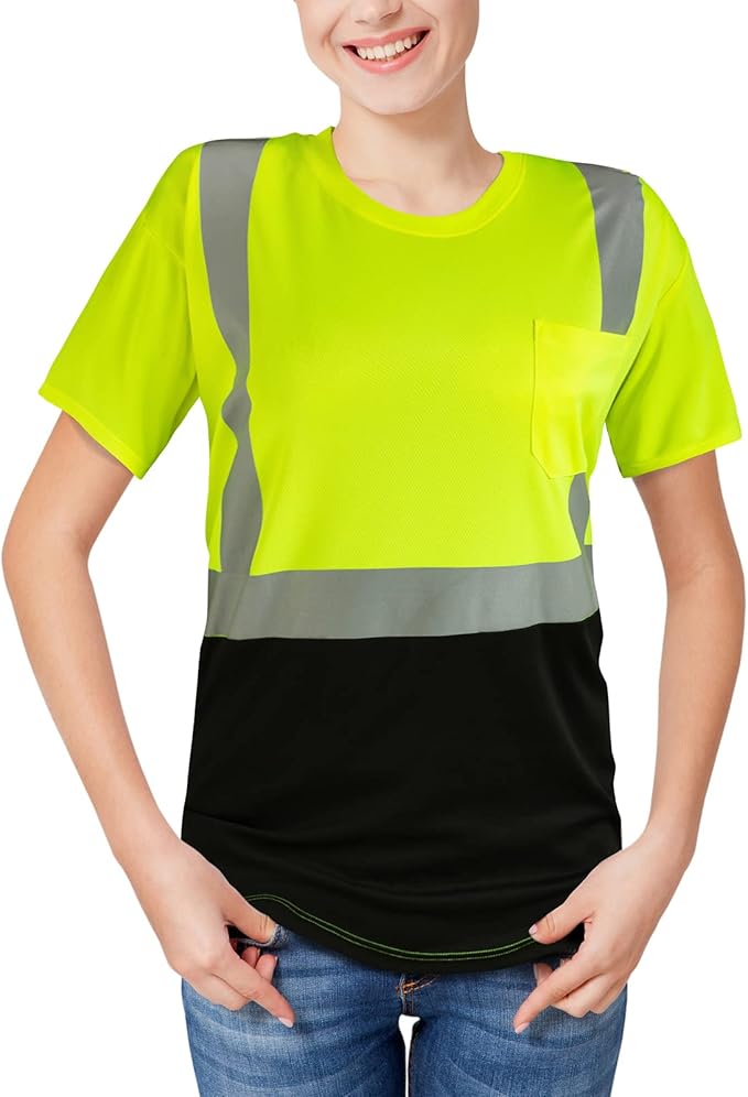 High Visibility Shirts Quick Dry Safety T Shirts with Reflective Strips and Pocket Short Sleeve Mesh Hi Vis Construction Work Class 2 Shirt for Men/Women Black Bottom Lime,3XL