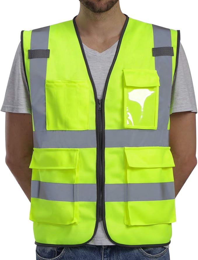 Dib Safety Vest Reflective ANSI Class 2, High Visibility Vest with Pockets and Zipper, Construction Work Vest Hi Vis Yellow M