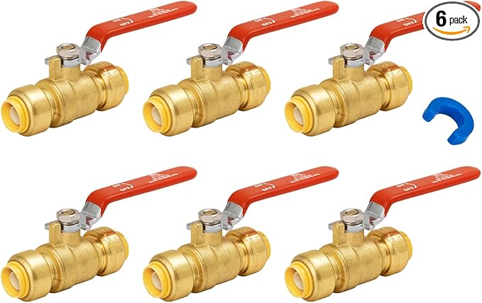 SUNGATOR 1/2 Inch Ball Valve, Water Shut Off Valve, No Lead Brass Push to Connect Plumbing Water Shutoff for PEX Pipe, Copper, CPVC, PE-RT, With 1 Disconnect Clip, Pack of 6