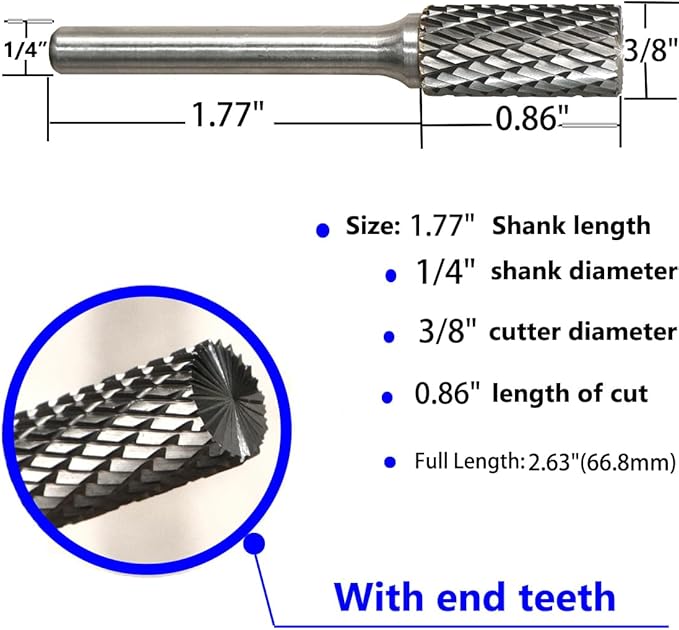 Carbide Burr Set 1/4" Shank SB-3 Die Grinder Bits Tungsten Double Cut Burr Bits (3/8" Cutter Dia X 0.79" Cutter Length) for Die Grinder Kits Metal Grinding Drilling Polishing (3pcs)