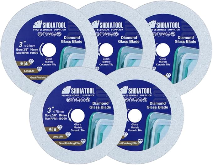 SHDIATOOL Diamond Glass Cutting Disc 3-Inch Saw Blade, Ultra-Thin Cut Off Wheel for Tile Ceramic Porcelain Marble 75mm (5 of Pack)