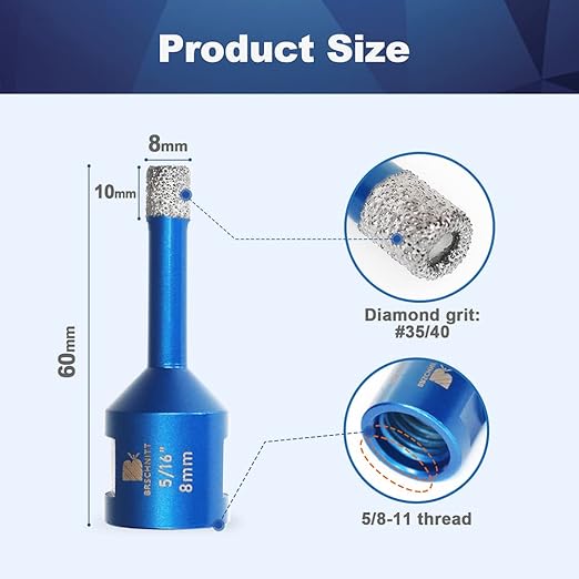 5/16 Inch Diamond Core Drill Bit for Porcelain Tile Ceramic Marble Granite Drilling,BRSCHNITT 5pcs Vacuum Brazed Diamond Hole Saw with 5/8-11 Thread (8mm 5pcs)