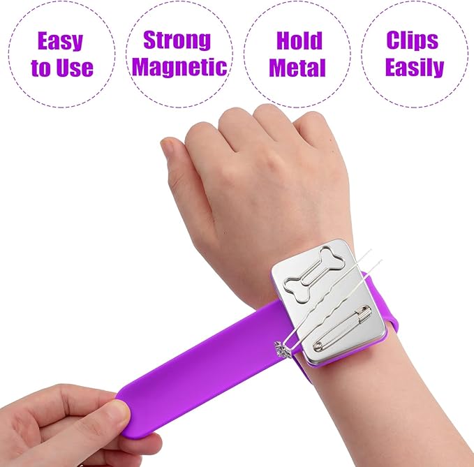 WILLBOND Magnetic Sewing Pincushion Wristband, 2 Pieces, with Flannelette Bag, Silicone Bracelet, Rose Red, Purple