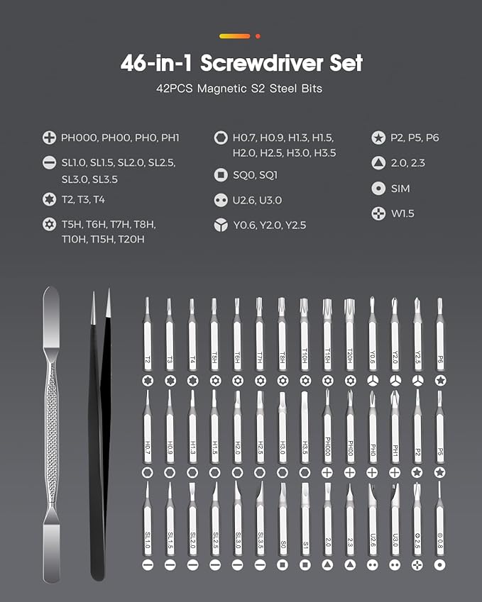 Kingsdun Precision Screwdriver Set, 46-in-1 Small Screwdriver with 42 Magneitc Bits Torx Star, Electronic Repair Tool Kit for Computer Laptop Macbook Xbox Phone Eyeglasses Switch RC Watch DIY