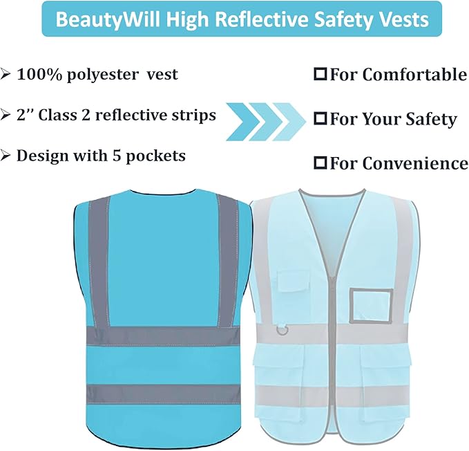 BeautyWill Custom Logo 10/20 Pack Safety Vest Class2 High Visibility Vest with Pockets Breathable Construction Vest Bulk